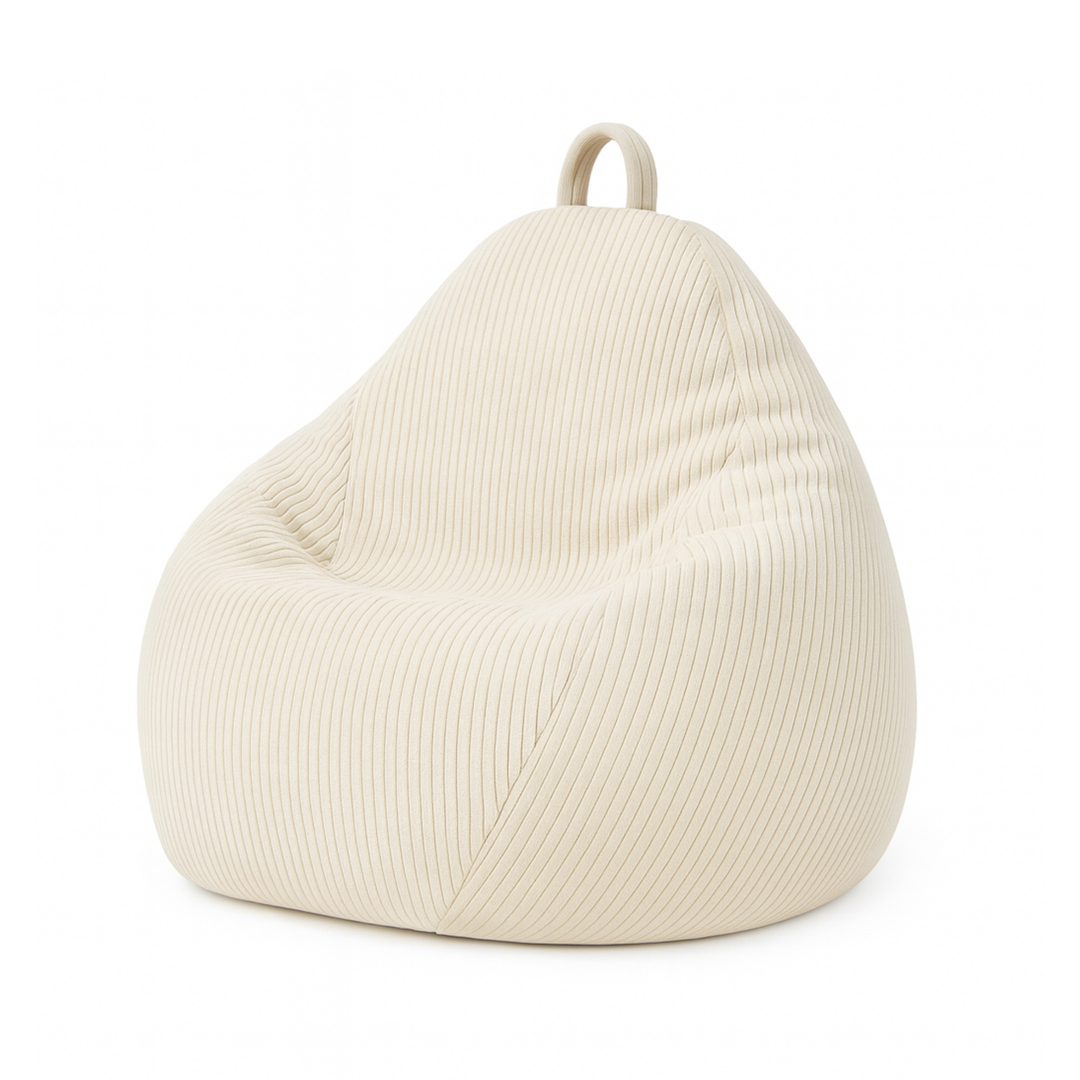 Pouf poire déhoussable en velours côtelé blanc cassé, forme poire rembourrée avec poignée