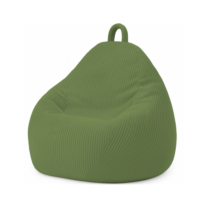 Pouf poire déhoussable en velours côtelé vert, forme poire rembourrée avec poignée