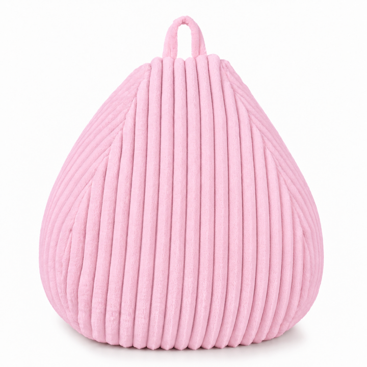 Pouf poire rose fourrure côtelée, poignée au sommet.