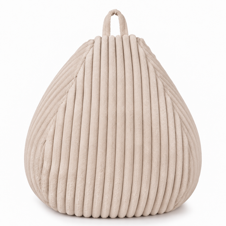 Pouf poire beige fourrure côtelée avec anse, forme poire