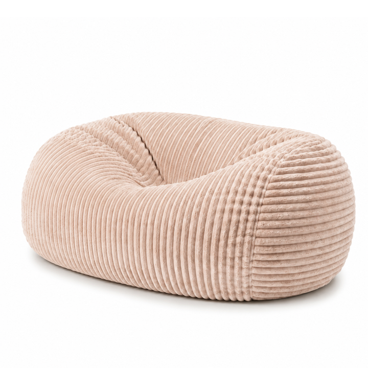 Pouf long géant déhoussable beige en fourrure côtelée